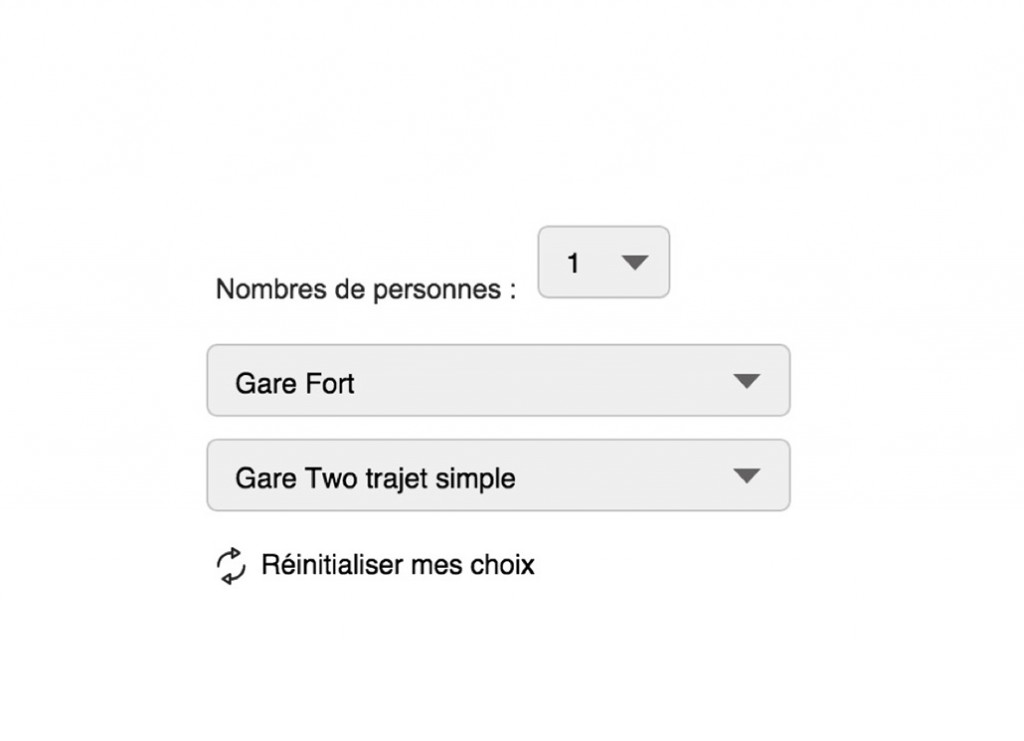 Sélection rapide des gares de départ et d’arrivée ou du type de voyage. Les données sont automatiquement populées par l’application LSRésa.