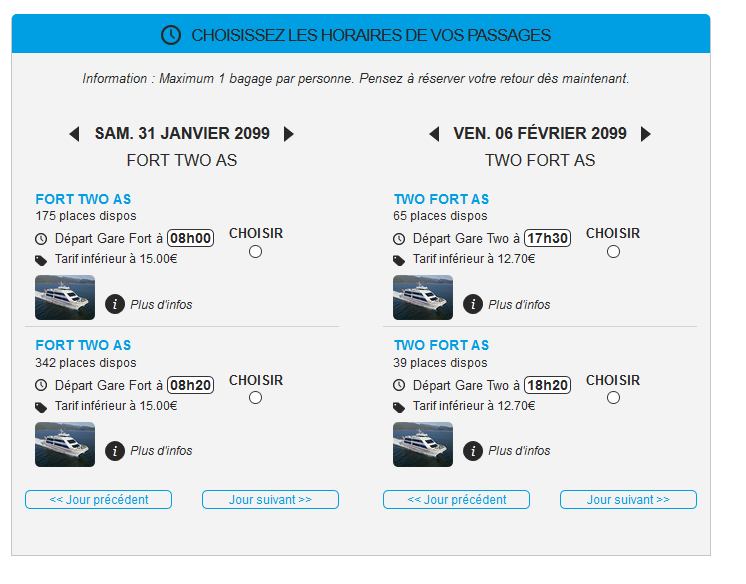 Présentation des différents choix offert à l'internaute. Possibilité d'afficher les prestations des dates suivantes ou précédentes.